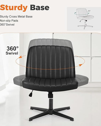 Sweetcrispy Cross Legged Office Chair, Criss Cross Chair Armless Wide Desk Chair No Wheels, Adjustable Swivel Home Office Vanity Chair - LeafyLoom