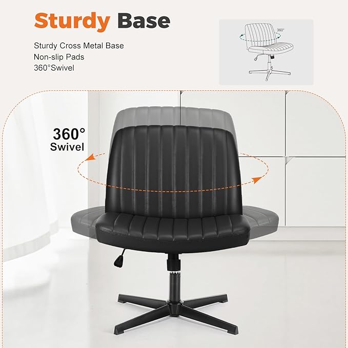 Sweetcrispy Cross Legged Office Chair, Criss Cross Chair Armless Wide Desk Chair No Wheels, Adjustable Swivel Home Office Vanity Chair - LeafyLoom
