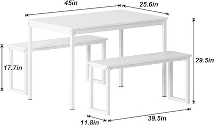 sogesfurniture Kitchen Table Set with 2 Benches, Dining Table Set for 4, 3 Piece Dining Room Set Industrial Style Furniture, Wooden Kitchen and Dining Set, Dining Table with Benches,White - LeafyLoom