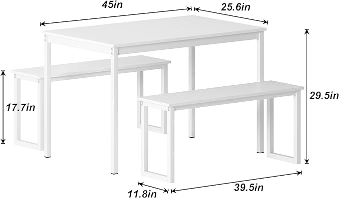 sogesfurniture Kitchen Table Set with 2 Benches, Dining Table Set for 4, 3 Piece Dining Room Set Industrial Style Furniture, Wooden Kitchen and Dining Set, Dining Table with Benches,White - LeafyLoom