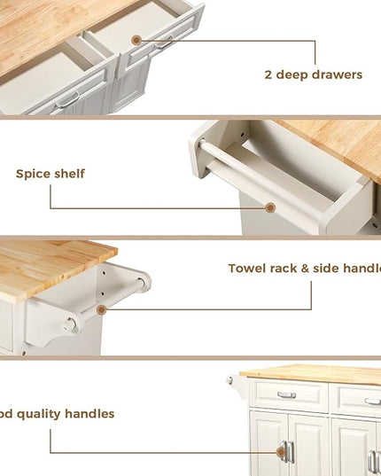 54“ Large Kitchen Island with Storage, Kitchen Cart on Wheels with 2 Large Drawers, Adjustable Shelf Inside Cabinet, Spice Rack & Towel Rack, Simple Design Rolling Island Table for Kitchen - LeafyLoom