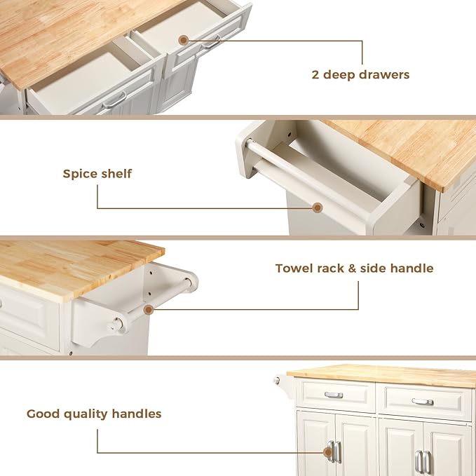 54“ Large Kitchen Island with Storage, Kitchen Cart on Wheels with 2 Large Drawers, Adjustable Shelf Inside Cabinet, Spice Rack & Towel Rack, Simple Design Rolling Island Table for Kitchen - LeafyLoom