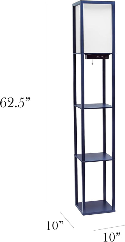 Simple Designs LF1037-NAV-LB Three Shelf Etagere Organizer Storage Floor Lamp with 2 Dual USB Ports and Charging Outlet, Navy Blue, with Feit LED Bulb Included - LeafyLoom