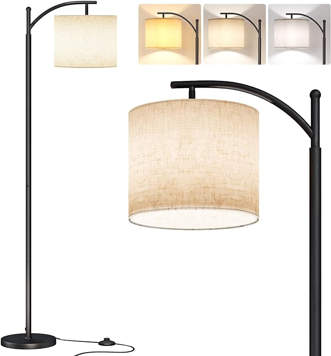 SUNMORY Arc Floor Lamp,Modern Floor Lamp with 9W 3 Color Temperatures Bulb,Metal Standing Lamps with Adjustable Hanging Lampshade,Tall Floor Lamps for Living Room,Bedroom,Office (Black) - LeafyLoom