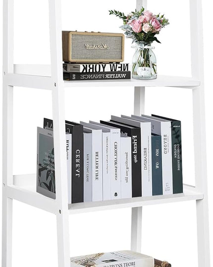 ECOMEX 4-Tier Ladder Shelf, Solid Pine Frame, 20 lbs Capacity per Partition, Modern Style, Home Office, Bedroom (White) - LeafyLoom