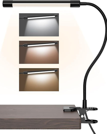 JHD LED Desk Lamp with Clamp - Adjustable 3 Modes, 10 Brightness Levels, USB Eye Caring Flexible Gooseneck Desk Light, Perfect for Home Office, Dorm Room, Bed Headboard,Nail, Clip On Light, Black - LeafyLoom