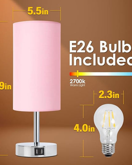 Yarra-Decor Bedside Lamp with USB Port - Touch Control Table Lamp for Bedroom 3 Way Dimmable Nightstand Lamp with Round Pink Fabric Shade for Living Room, Dorm, Home Office (LED Bulb Included) - LeafyLoom