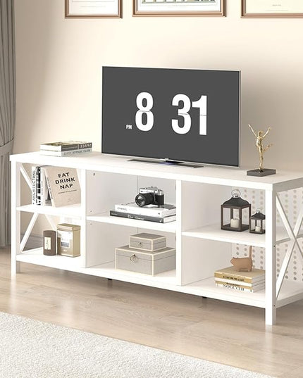 LVB White TV Stand for 75 Inch TV, Large Industrial Wood Entertainment Center with Storage Cabinet, Long Modern Metal Television Stands Console Table for Home Living Room Bedroom, White Oak, 63 Inch - LeafyLoom