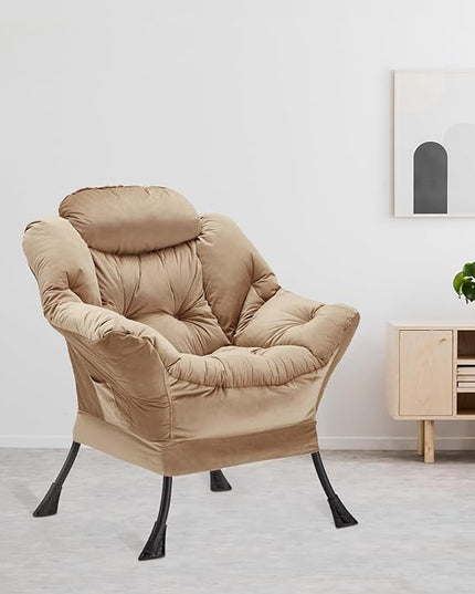 Lazy Chair Thick Padded, Accent Chair Velvet Upholstered with Wide Seat, Stable Metal Frame and Non-Slip Pad, Modern Sofa Armchair with Side Storage Bag for Dorm, Room, Office, Khaki - LeafyLoom