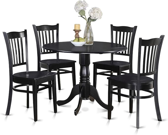 East West Furniture Dublin 5 Piece Room Set Includes a Round Dining Table with Dropleaf and 4 Wood Seat Chairs, 42x42 Inch, Black - LeafyLoom