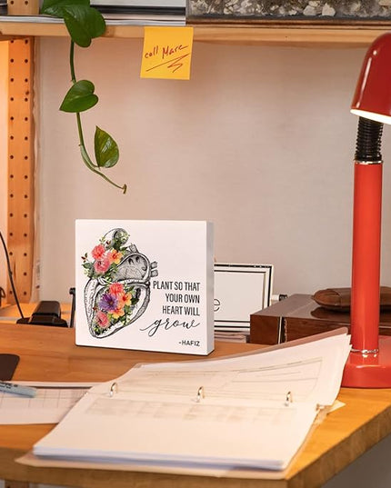 Home Office Desk Wooden Box Sign Decor, Plant So That Your Own Heart Will Grow, Inspirational Quotes Desk Decor Motivational Desk Decorations for Women Men Student Office Classroom School - LeafyLoom