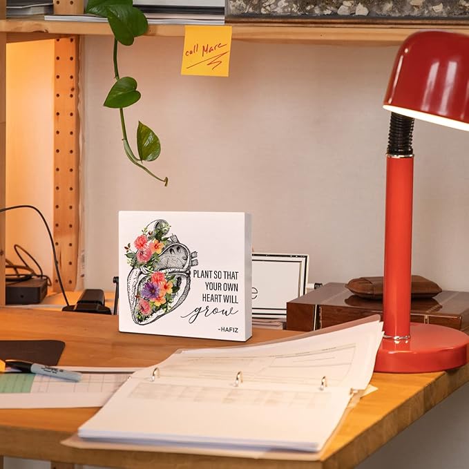 Home Office Desk Wooden Box Sign Decor, Plant So That Your Own Heart Will Grow, Inspirational Quotes Desk Decor Motivational Desk Decorations for Women Men Student Office Classroom School - LeafyLoom