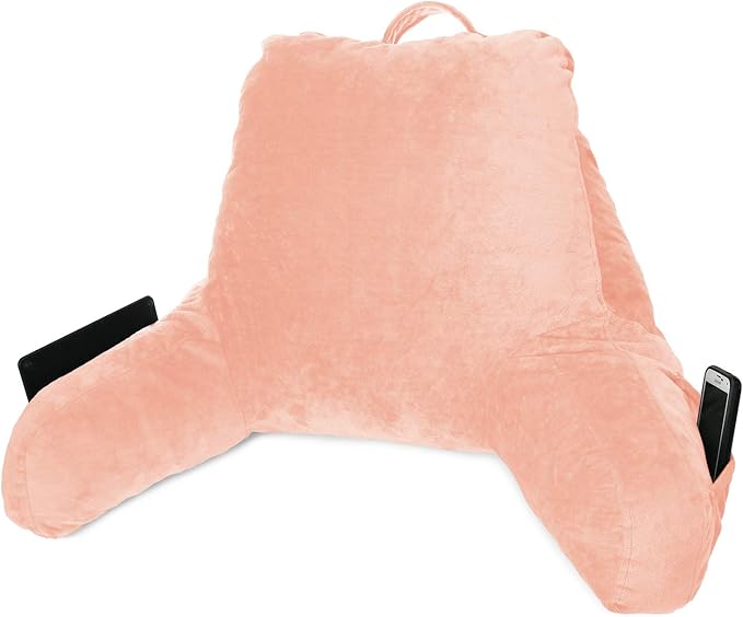 Clara Clark Reading Pillow, Standard Back Pillow for Sitting Up in Bed, Memory Foam Back Support Pillow, Reading Pillows for Sitting in Bed, Peach Sit Up Pillow for Bed Chair Arm Pillow with Pockets - LeafyLoom