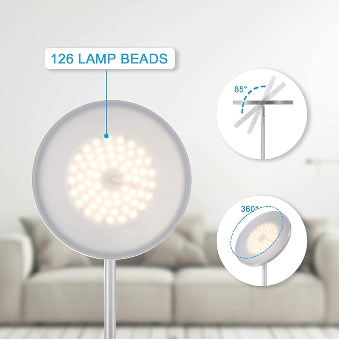 JOOFO Floor Lamp,30W/2400LM Sky LED Modern Torchiere 3 Color Temperatures Super Bright Floor Lamps-Tall Standing Pole Light with Remote & Touch Control for Living Room,Bed Room,Office（Platinum Silver） - LeafyLoom