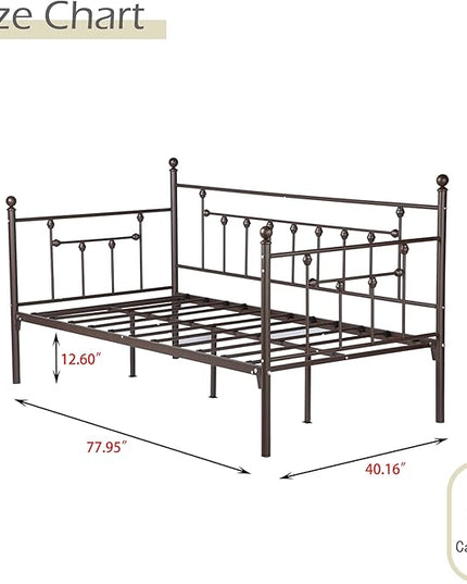 alazyhome Twin Size Metal Daybed Guest Bed Frame for Living Room Bedroom Steel Slat Support No Box Spring Needed Space Saving Brown - LeafyLoom