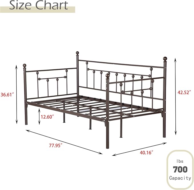 alazyhome Twin Size Metal Daybed Guest Bed Frame for Living Room Bedroom Steel Slat Support No Box Spring Needed Space Saving Brown - LeafyLoom