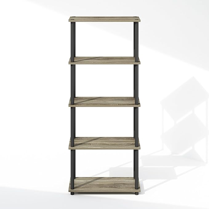 Furinno Turn-N-Tube 5-Tier Multipurpose Compact Display Rack, Shelving Unit, Bookcase, French Oak/Black - LeafyLoom
