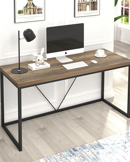 FOLUBAN Industrial Computer Desk, Rustic Wood and Metal Writing Desk, Vintage PC Table for Home Office, Oak 60 inch - LeafyLoom