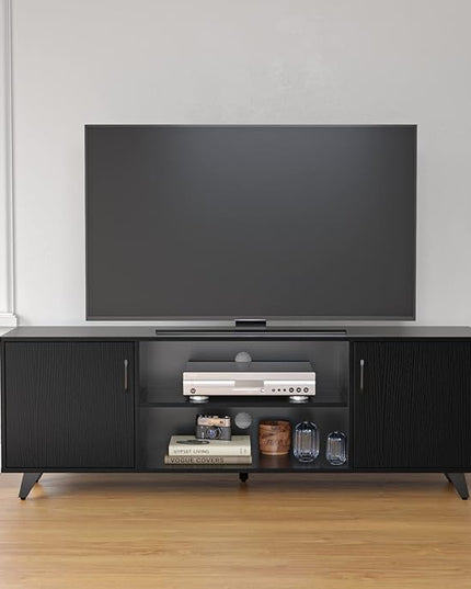 Panana TV Stand Television Stands TV Console Unit with Shelf and 2 Doors Storage Cabinets for Living Room Bedroom for TVs up to 70 Inches (Black, 62.99 inch) - LeafyLoom
