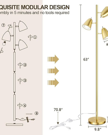 QiMH Tree Floor Lamp with 3 Light Bulbs, Standing Tall Pole Lamps for Living Room Bedroom Office, Reading Stand up Lamps with 3 Adjustable Arms, Brushed Gold - LeafyLoom