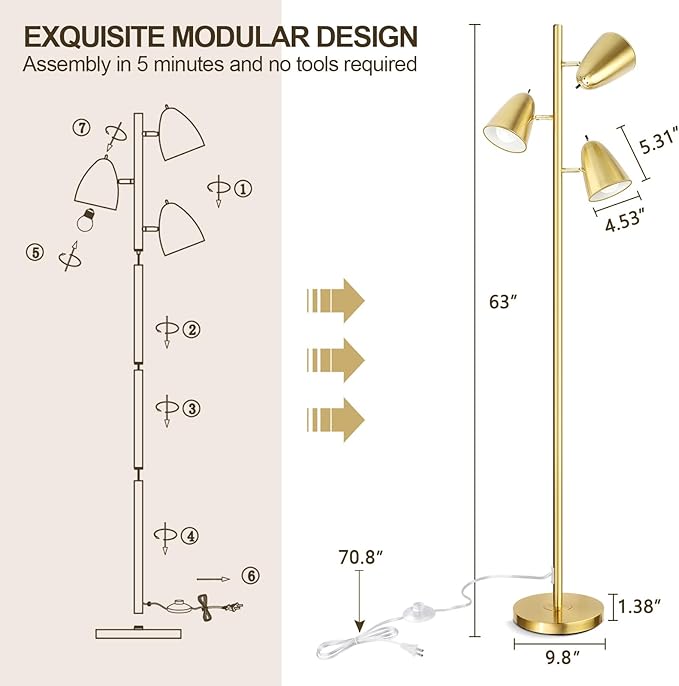 QiMH Tree Floor Lamp with 3 Light Bulbs, Standing Tall Pole Lamps for Living Room Bedroom Office, Reading Stand up Lamps with 3 Adjustable Arms, Brushed Gold - LeafyLoom