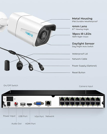 REOLINK 4K Security Camera System, RLK16-800B8 8pcs H.265 PoE Wired with Person Vehicle Detection, 8MP/4K 16CH NVR with 4TB HDD for 24-7 Recording REOLINK