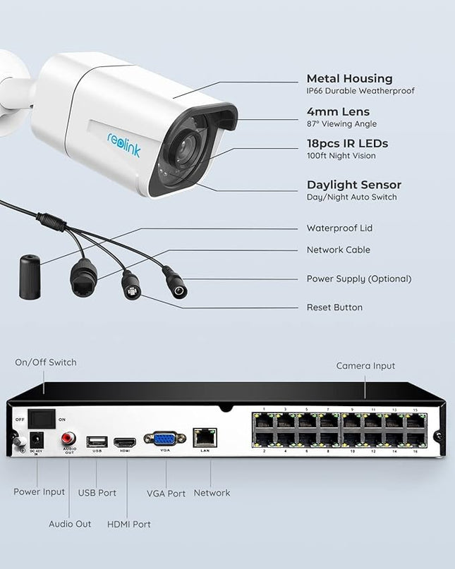 REOLINK 4K Security Camera System, RLK16-800B8 8pcs H.265 PoE Wired with Person Vehicle Detection, 8MP/4K 16CH NVR with 4TB HDD for 24-7 Recording REOLINK