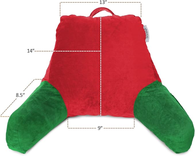 Clara Clark Reading Pillow for Kids, Small Back Pillow for Sitting Up in Bed, Memory Foam Back Support Pillow, Reading Pillows for Sitting in Bed, Holiday Color Gaming Pillow with Arms and Pockets - LeafyLoom