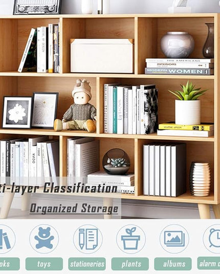 IOTXY Wooden Open Shelf Bookcase - 3-Tier Floor Standing Display Cabinet Rack with Legs, 8 Cubes Bookshelf, Pear Yellow - LeafyLoom