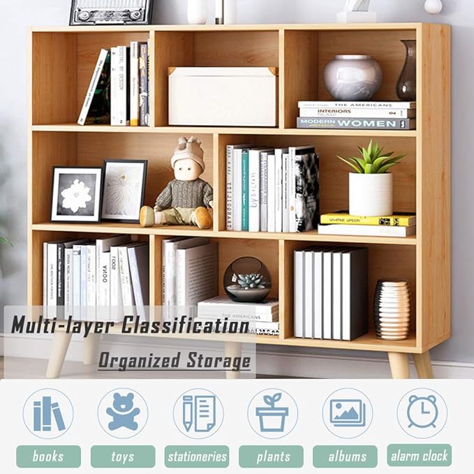 IOTXY Wooden Open Shelf Bookcase - 3-Tier Floor Standing Display Cabinet Rack with Legs, 8 Cubes Bookshelf, Pear Yellow - LeafyLoom