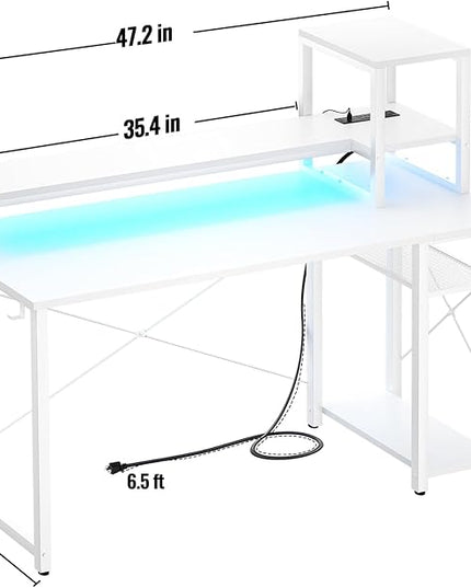 Gaming Desk with Lights & Power Outlets, 47.2' Computer Desk with Shelves, Small Desk for Small Space, Writing Desk with Monitor Stand, White - LeafyLoom