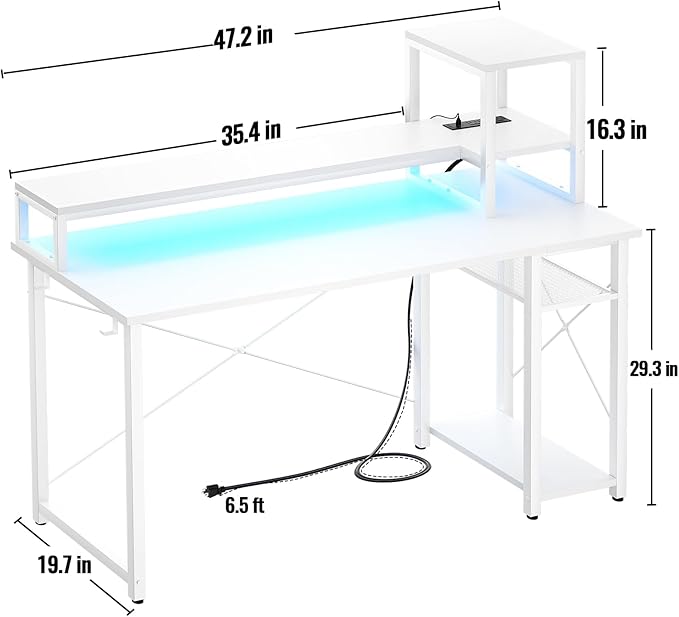 Gaming Desk with Lights & Power Outlets, 47.2' Computer Desk with Shelves, Small Desk for Small Space, Writing Desk with Monitor Stand, White - LeafyLoom