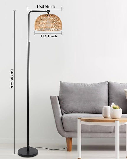 Floor Lamp with Remote, Rope Standing Lamps with LED Bulb, Boho Farmhouse Tall Pole Lamp with 3 Color Temperatures, Modern Black Floor Lamp for Living Room Bedroom Office Study - LeafyLoom
