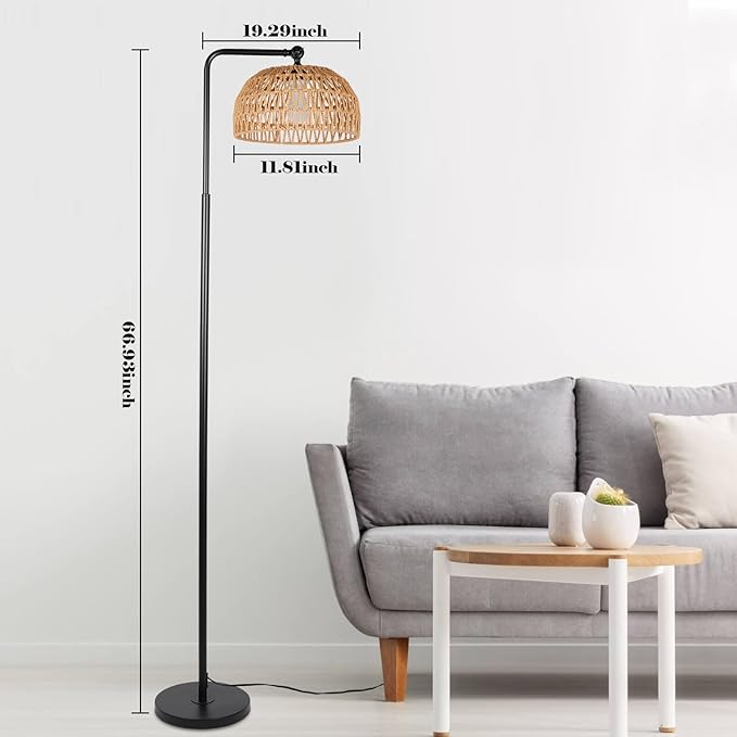 Floor Lamp with Remote, Rope Standing Lamps with LED Bulb, Boho Farmhouse Tall Pole Lamp with 3 Color Temperatures, Modern Black Floor Lamp for Living Room Bedroom Office Study - LeafyLoom