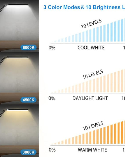 LED Desk Lamp for Home,Office,Reading,Adjustable Eye-Caring Desk Light with Clamp,Swing Arm Lamp Includes 3 Color Modes,10 Brightness Levels Table Lamps with Memory Function - LeafyLoom