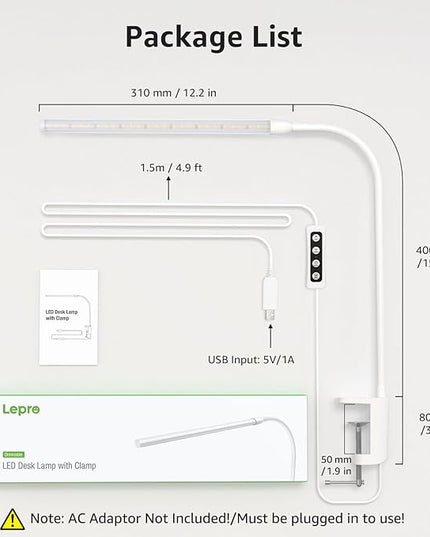 Lepro Small Desk Lamp with Clamp, LED Reading Lamp with 3 Color Modes 10 Brightness, Dimmable USB Clip on desk light with Gooseneck Swing Arm for Bed Headboard, Workbench, Home Office and Nail (White) - LeafyLoom