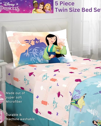 Franco Disney Princess Mulan Kids Bedding Super Soft Microfiber Comforter and Sheet Set, 4 Piece Twin Size, (Official Licensed Product) - LeafyLoom