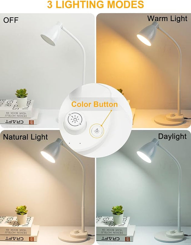 BOHON LED Desk Lamp with USB Charging Port, 3 Color Modes Dimmable Reading Lamp, Auto Dimming Task Lamp, Flexible Gooseneck Table Light for Dorm Bedside, Adapter Include, White - LeafyLoom