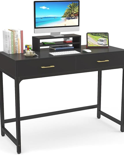 WESTREE Computer Gaming Desk Office - Study Writing Desk with Drawer for Teen, Bedroom Makeup Desk Home Office with Storage Shelf, Height Monitor Stand - LeafyLoom