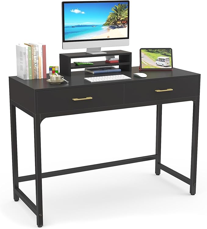 WESTREE Computer Gaming Desk Office - Study Writing Desk with Drawer for Teen, Bedroom Makeup Desk Home Office with Storage Shelf, Height Monitor Stand - LeafyLoom