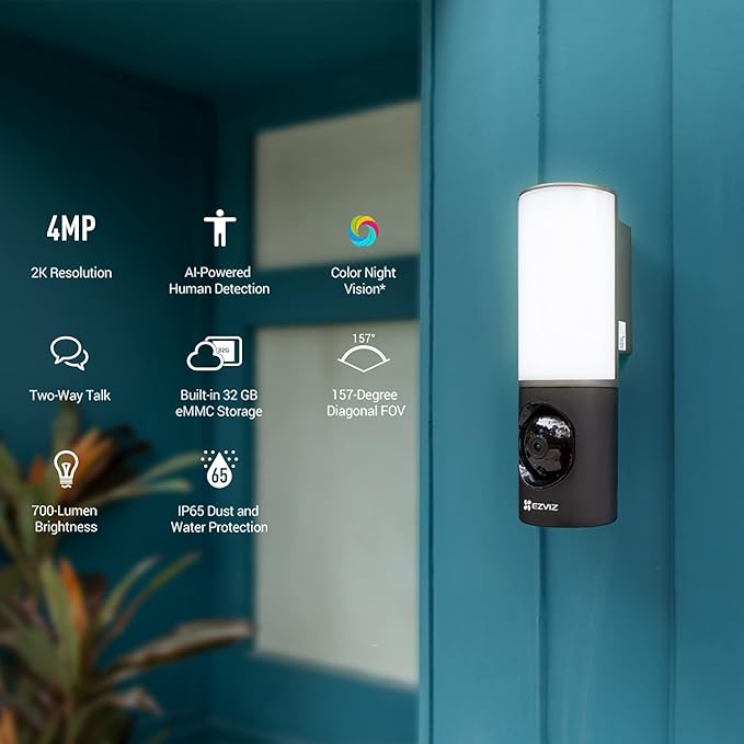 EZVIZ 2K+ Smart Outdoor Security Camera with Floodlight, Built-in 32G Storage, Colour Night Vision, Siren & Light Alarm, AI Human Detection, Two-Way Talk, Waterproof, Hardwired Installation (LC3) EZVIZ