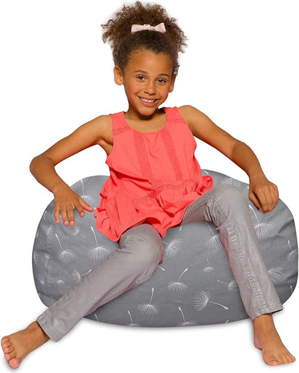 Posh Creations Bean Bag Chair for Kids, Teens, and Adults Includes Removable and Machine Washable Cover, Canvas White Dandelions on Gray, 27in - Medium - LeafyLoom