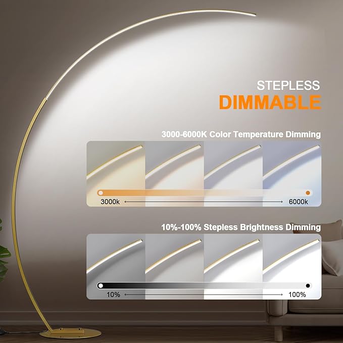 Torondo Dimmable LED Floor Lamp with 3 Color Temperatures, Ultra Bright 2000LM Gold Arc Floor Lamp, Modern Standing Tall Lamp with Remote Control Reading Floor Lamp for Bedroom Office Classroom - LeafyLoom
