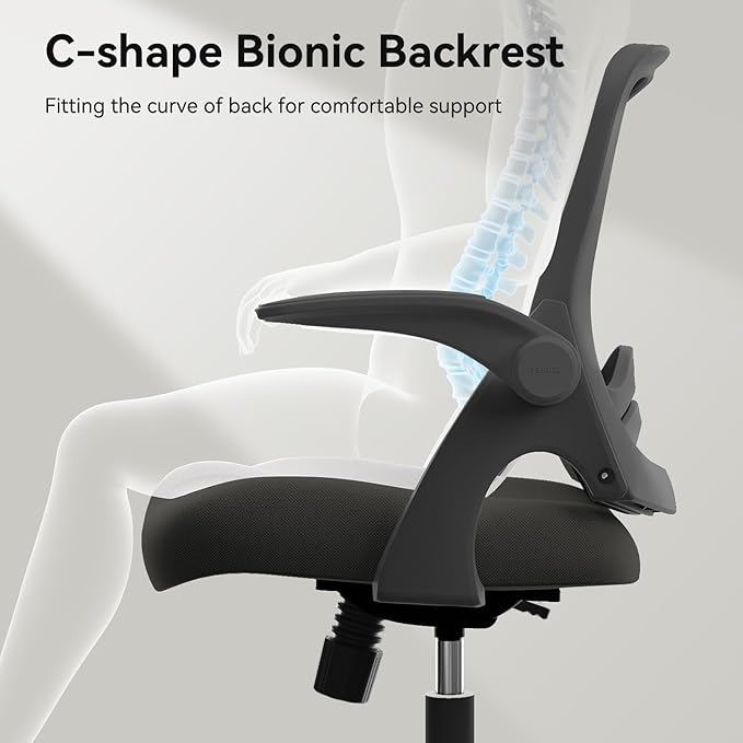 Hbada Office Chair, Desk Chair with Flip-Up Armrests and Saddle Cushion, Ergonomic Office Chair with S-Shaped Backrest, Swivel, Mesh, for Home and Office, Black - LeafyLoom