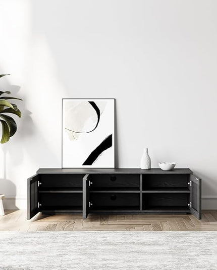 POVISON Mid Century Modern TV Stand, 59.06" Solid Wood Black Media Console for 55 inch TV, Full Assembled Entertainment Center with Storage for Living Room, Low Cabinet with Removable Shelves - LeafyLoom