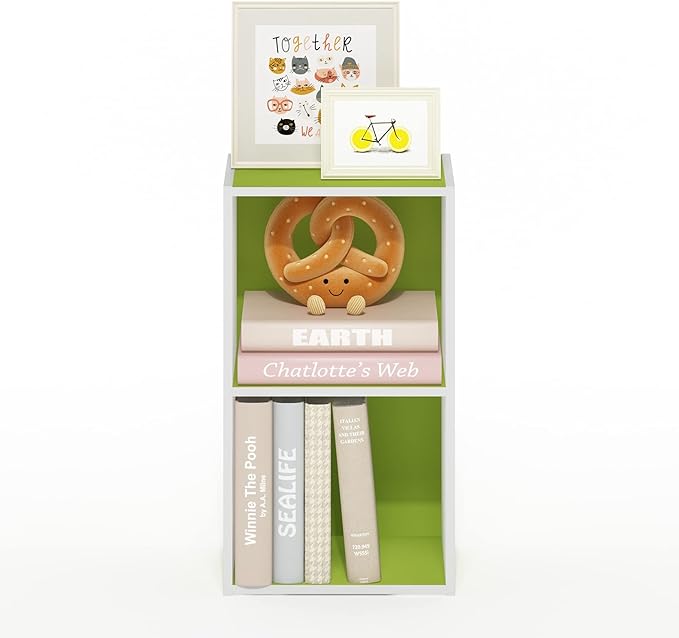 Furinno Luder Bookcase / Book / Storage, 2-Tier Cube, Green/White - LeafyLoom