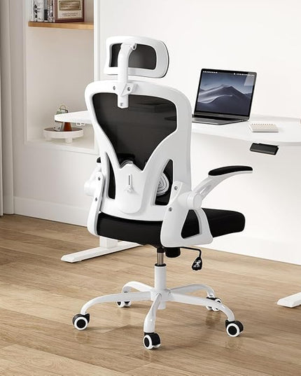 Farini Ergonomic Office Chair, Home Office Desk Chair with Headrest, High Back Computer Chair with Flip-up Armrests and Adjustable Lumbar Support.for Home Office Study Room Bedroom, White - LeafyLoom