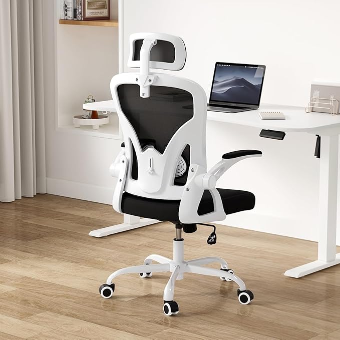 Farini Ergonomic Office Chair, Home Office Desk Chair with Headrest, High Back Computer Chair with Flip-up Armrests and Adjustable Lumbar Support.for Home Office Study Room Bedroom, White - LeafyLoom