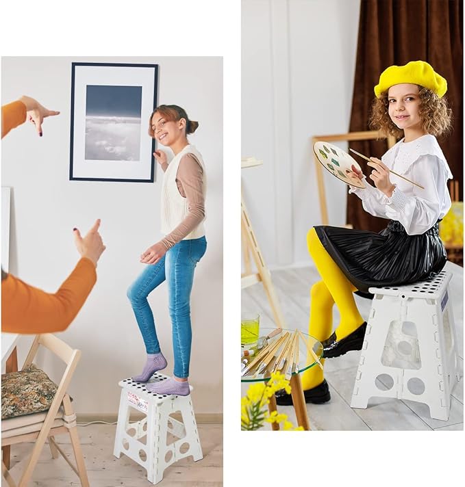 Delxo 16” Folding Step Stool in White,1 Pack Premium Heavy Duty Foldable Foot Stool for Adults,Portable Collapsible Plastic Step Stool,Non Slip Folding Stools for Kitchen Bathroom Bedroom Up to 400LBS - LeafyLoom