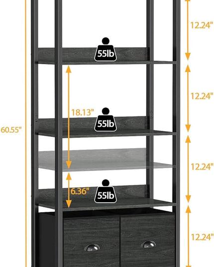 Furologee 5-Tier Bookshelf, Tall Bookcase with 2 Storage Drawers, Industrial Display Standing Shelf Units, Wood and Metal Storage Shelf for Living Room, Bedroom, Home Office, Black Oak - LeafyLoom